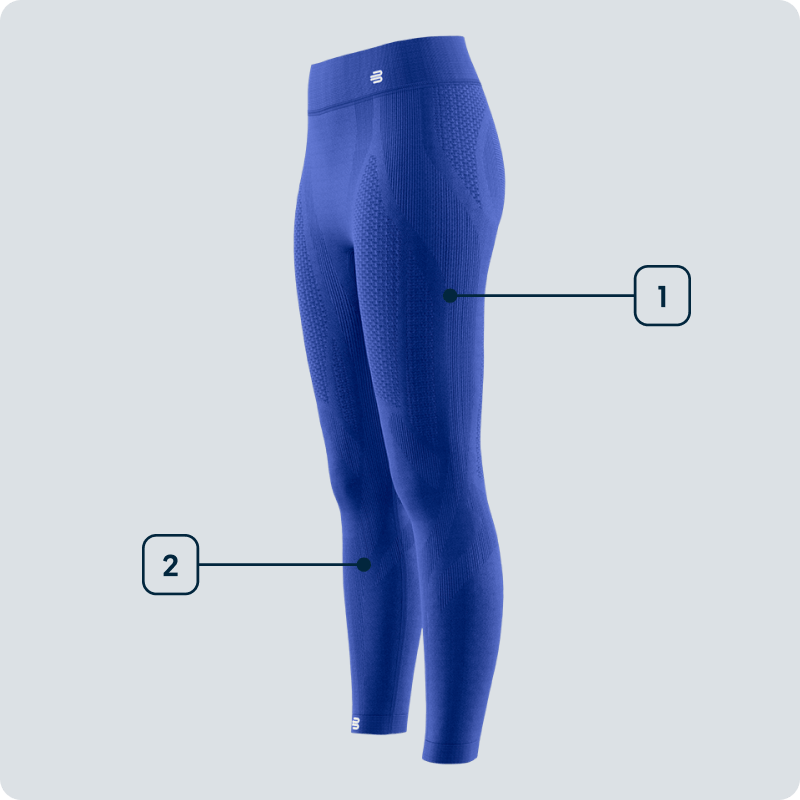 Le tue gambe al massimo – Compressione per controllo e fluidità Vista laterale di un tight compressivo blu da donna con zone funzionali evidenziate su cosce e polpacci – rappresentazione tecnica del supporto muscolare.