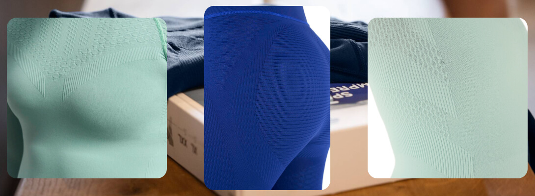 Ogni dettaglio conta – Compressione che si sente in ogni fibra Tre primi piani di maglie e tights compressivi in menta e blu che mostrano la struttura del tessuto e le zone funzionali per il supporto muscolare mirato – ambientazione naturale.