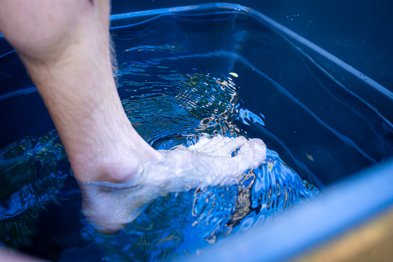Primo contatto: Il piede sfida l’acqua gelida! Un piede si immerge nell’acqua fredda di un contenitore blu. L’acqua chiara mostra leggere increspature e riflessi di luce sulla superficie.