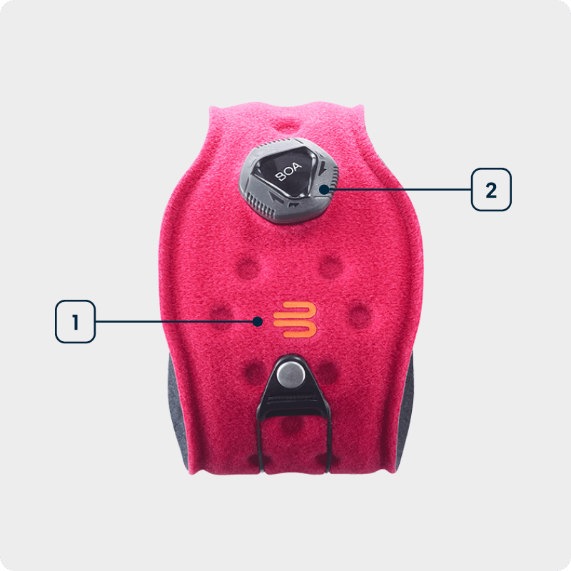Grafica delle tecnologie Sports Elbow Strap Vista laterale di una fascia rossa per il gomito con indicazione delle tecnologie utilizzate