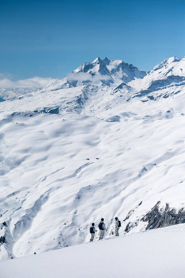 Il panorama alpino innevato davanti può essere visto tre sciatori con zaini