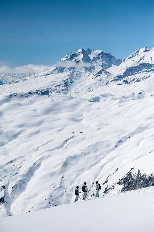 Le Alpi sono un luogo maestoso soprattutto in inverno Il panorama alpino innevato davanti può essere visto tre sciatori con zaini