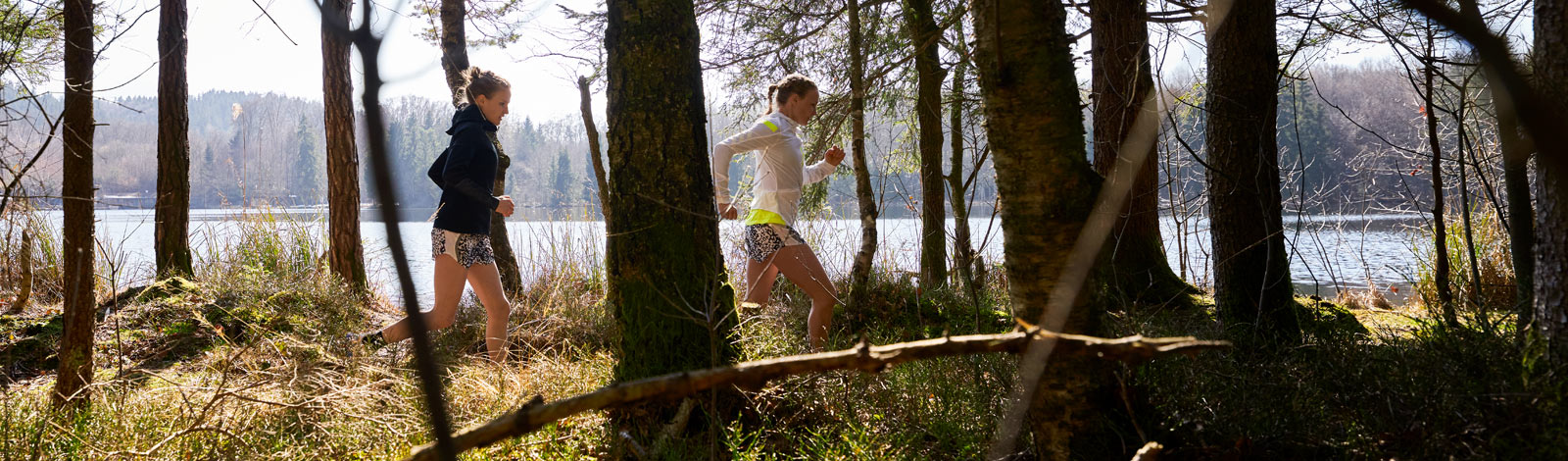Non dovresti fare dolore al ginocchio durante il jogging, anche se la tua pista è così allettante Due corridori corrono dietro gli alberi e davanti a un piccolo lago di fila su un sentiero forestale