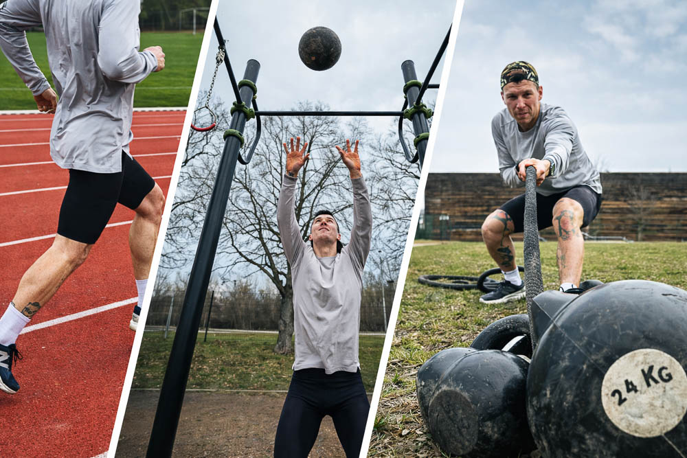 Collage in tre scene: atleta corre in pista, sta sotto una struttura outdoor con una palla in aria e trascina kettlebell su un prato.