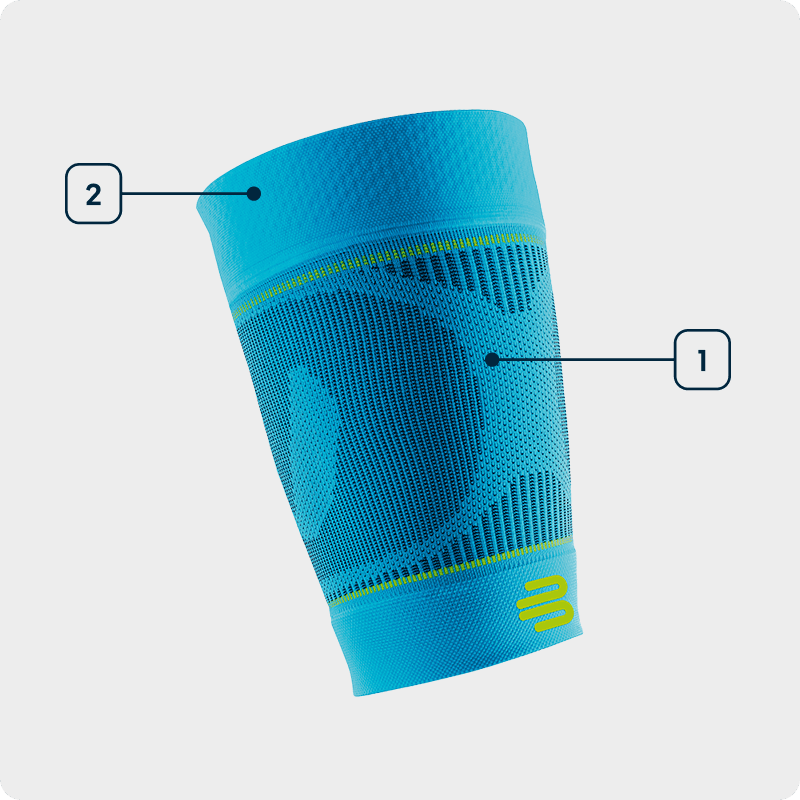 Grafica delle tecnologie Sports Upper Leg Sleeves Vista laterale di una manica a compressione blu con indicazione delle tecnologie utilizzate