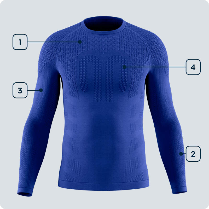 Vista frontale di una maglia compressiva blu da uomo a maniche lunghe con zone funzionali evidenziate su spalle, braccia, avambracci e petto – illustrazione della struttura tecnica della maglia.