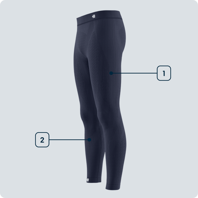 Senti ogni movimento – Tight compressivo per gambe forti in allenamento Vista laterale di un tight compressivo nero da uomo con zone funzionali evidenziate su cosce e polpacci – supporto muscolare mirato.