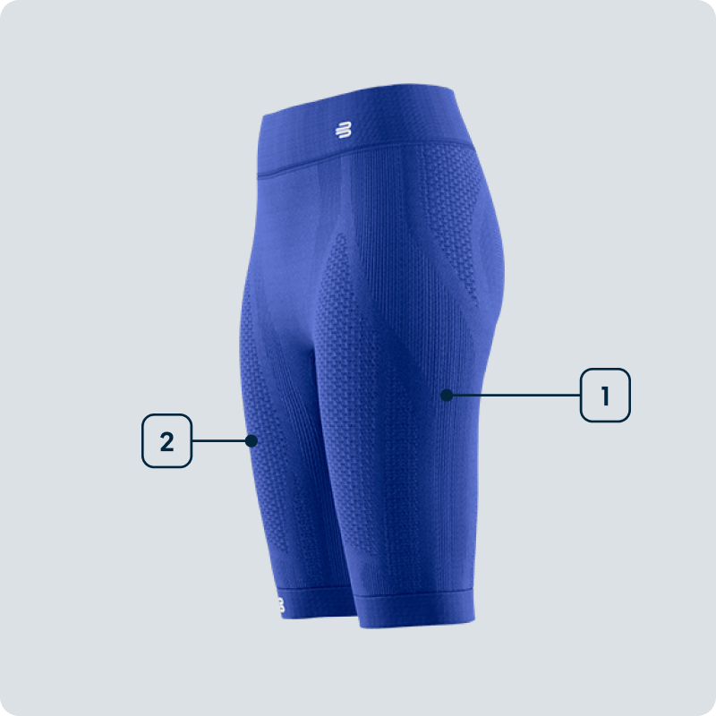 Vista laterale di pantaloncini compressivi blu da donna con zone funzionali evidenziate su glutei e cosce – supporto muscolare mirato.