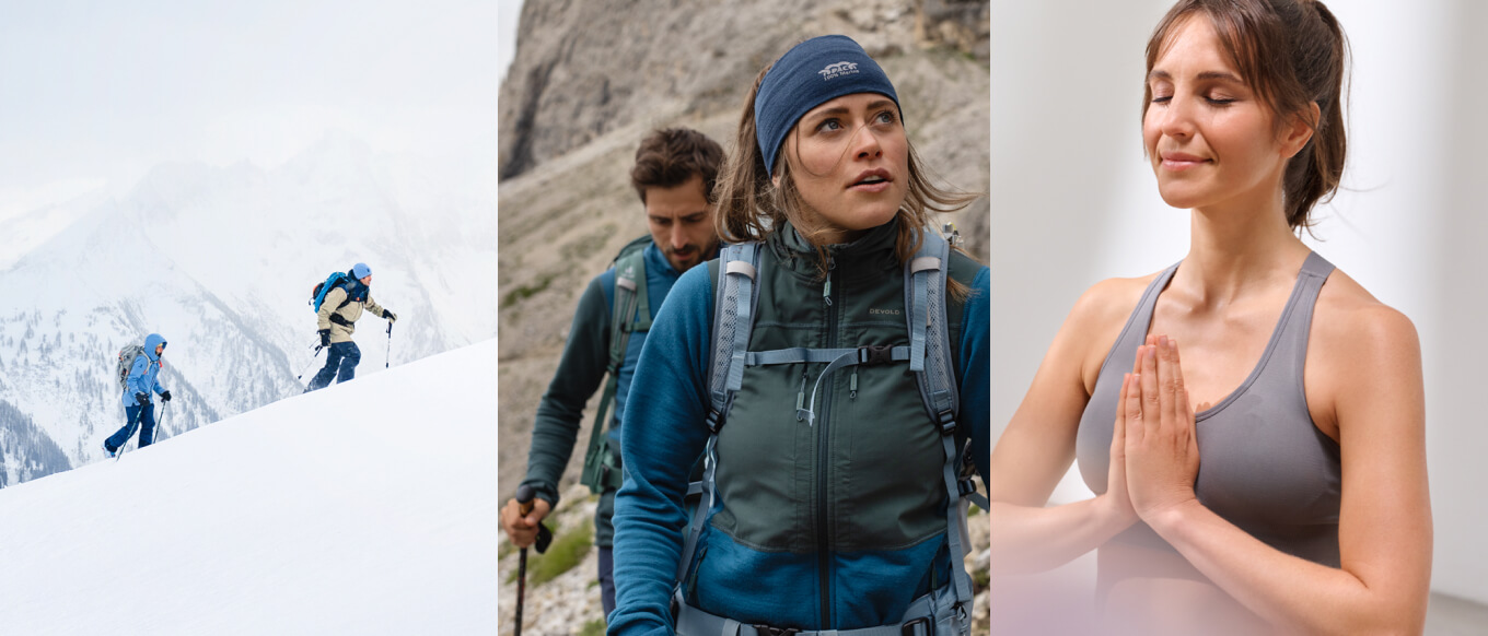 Sentire l'energia: con avventure all'aperto, sci, yoga e molto altro. Grafica senza testo: Scialpinisti, un escursionista e una donna in posa yoga.