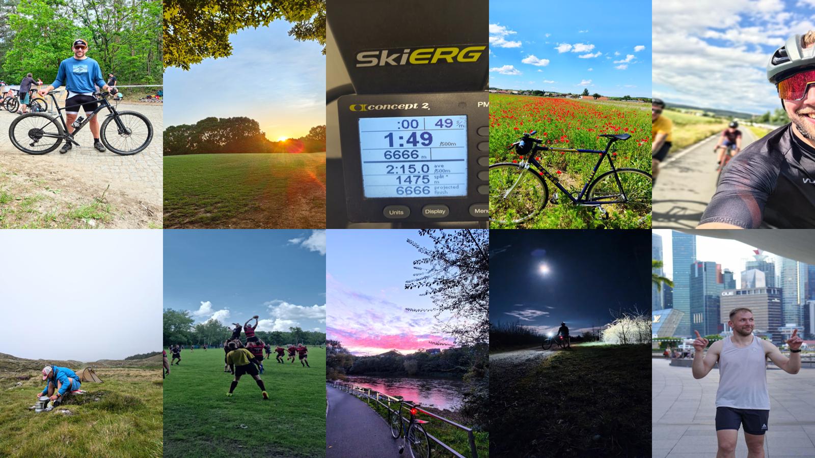 Dodici sfide, un obiettivo: vivere il fitness in tutte le sue sfaccettature! Un collage di dodici foto che mostrano diverse attività sportive, tra cui ciclismo notturno, allenamenti all'aperto, un'alba su un campo.