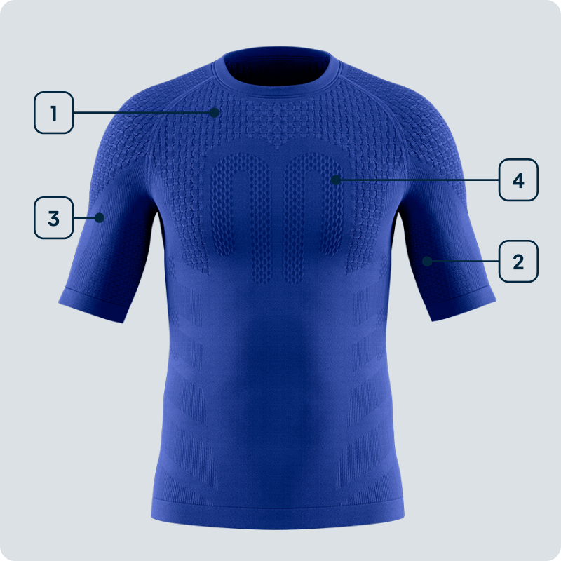 Vista frontale di una maglia compressiva blu da uomo a maniche corte con aree funzionali evidenziate su spalle, parte superiore delle braccia, petto e fianchi – visualizzazione tecnica.