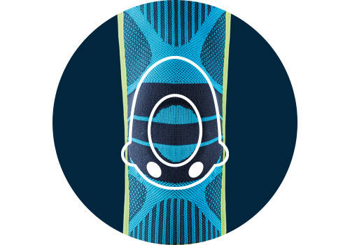 Profilassi efficace per la riduzione del dolore e lesioni con supporto sportivo in ginocchio e Omega Pad Registrazione frontale della parte centrale degli sport di supporto al ginocchio su sfondo blu scuro con il disegno stilizzato della pelotta