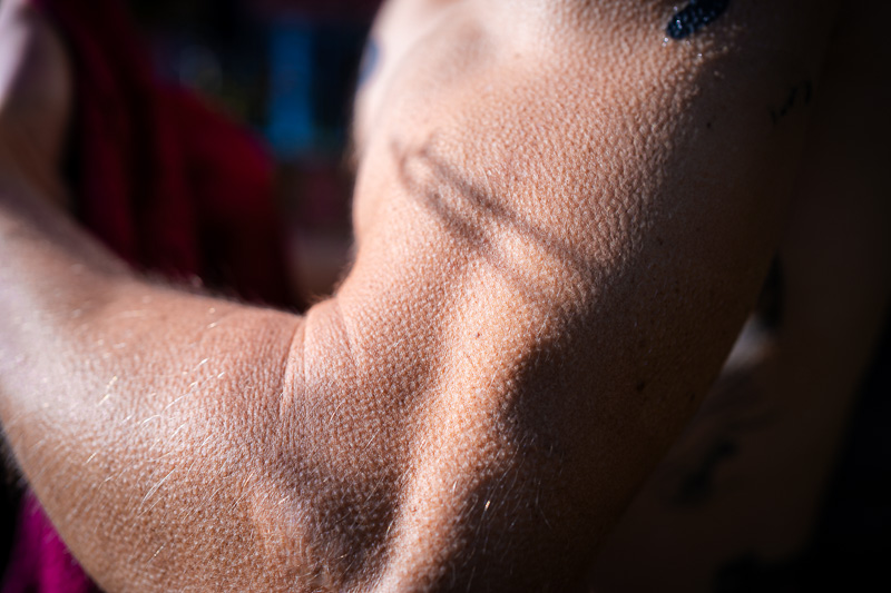 Avambraccio con pelle d'oca come effetto del freddo Dettaglio di un avambraccio con pelle d'oca, effetto visibile del freddo sulla pelle.