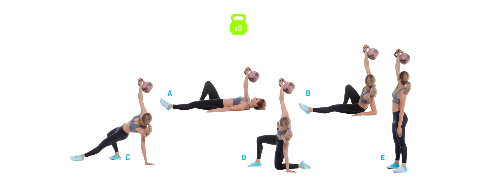 Turkish si alza con il kettlebell in 5 passi La donna mostra che il turco si alza con il kettlebell in 5 passi