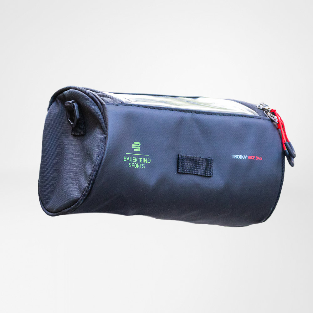Borsa da bici Bauerfeind Sports blu scuro con logo verde – spazio pratico per portare con te la tua attrezzatura.