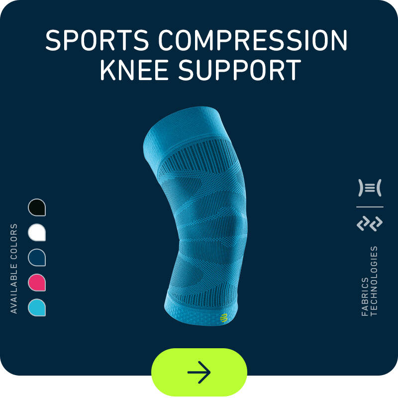 Supporto del ginocchio a compressione sportiva su sfondo blu scuro con colori a sinistra e icone tecnologiche a destra