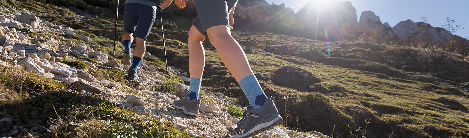 Closwholstery di un escursionista nelle scarpe da trekking e con calzini escursionistici a media lunghezza che percorrono un sentiero pietroso sullo sfondo il suo compagno di escursioni