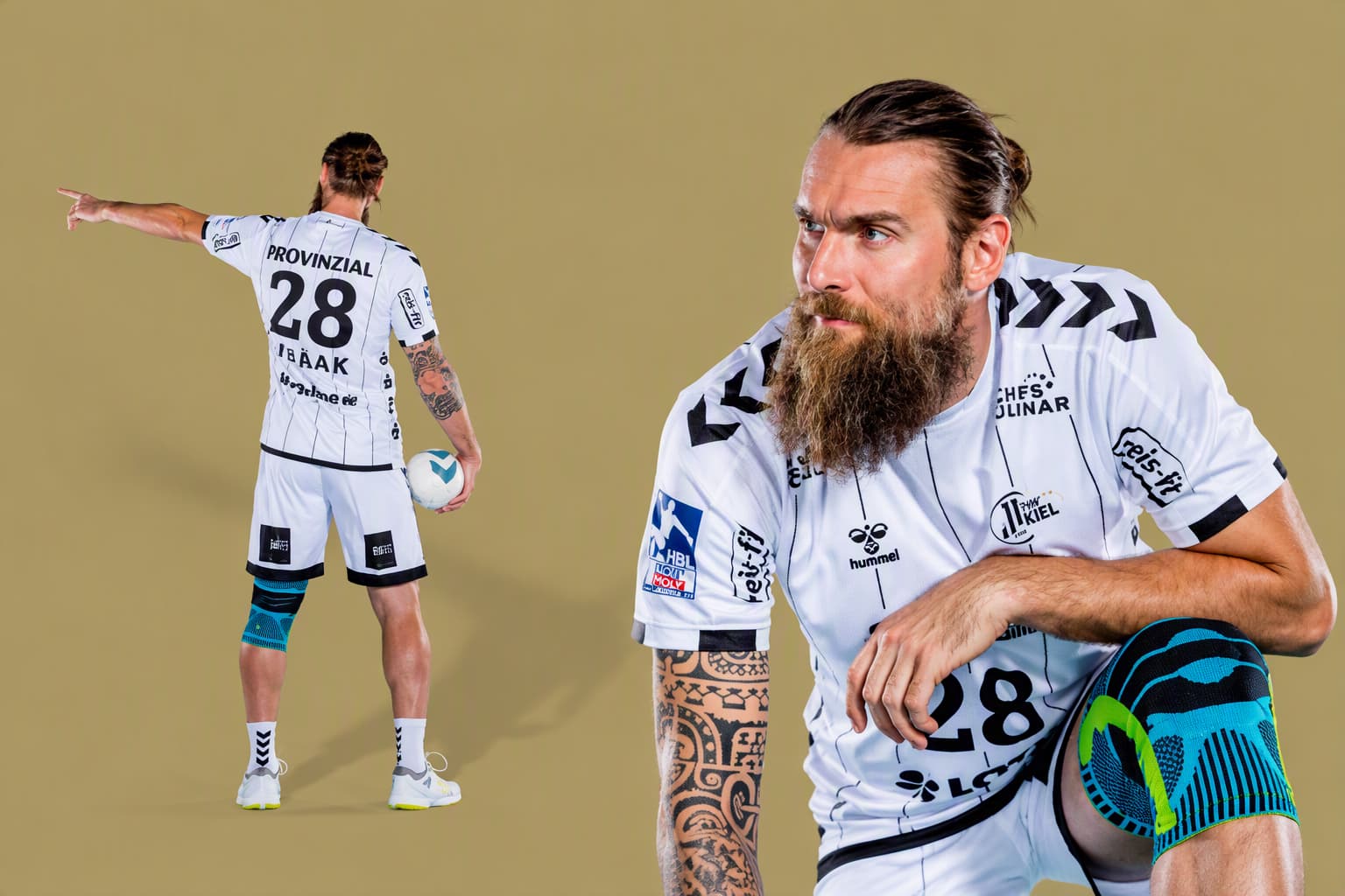 Player pallamano dal THW Kiel in Assemblea di immagine dalla parte anteriore e posteriore con il supporto per il ginocchio sportivo