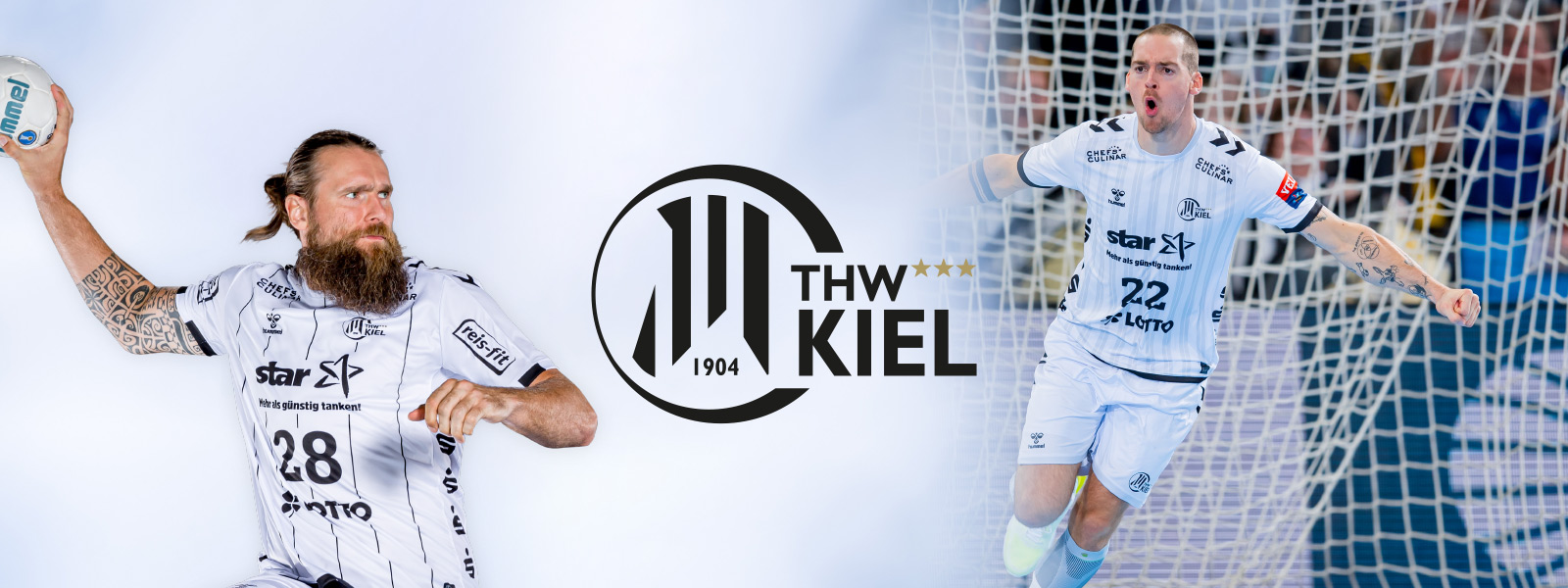 Immagine a due a due pazzi di Kiel con la barba sulla cucciolata a sinistra e altri giocatori quando applausi in campo a destra nel mezzo, il logo del club