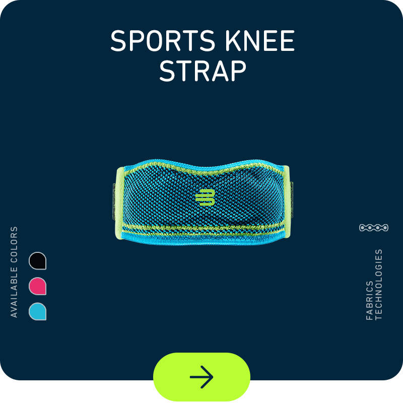 Cinghia del ginocchio sportivo su sfondo blu scuro con coloricon a sinistra e icone tecnologiche a destra