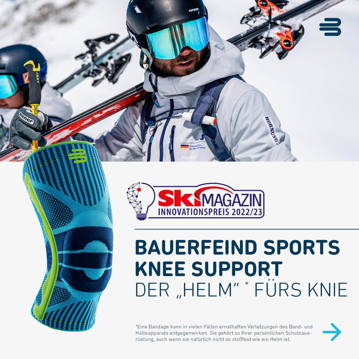 Collage di immagine: gli sciatori indossano i suoi sci sulla spalla nella parte superiore e il ginocchio con logo e testo di seguito